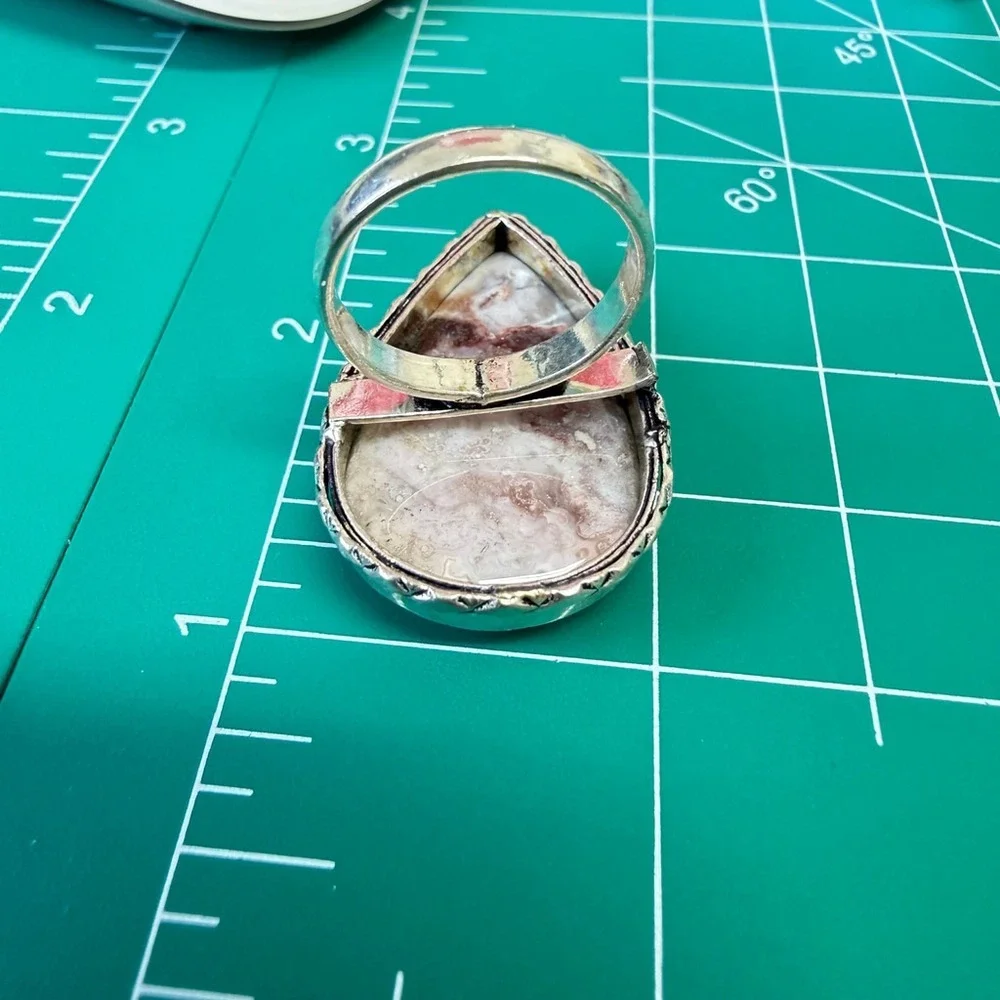 Hand‎ Crafted Silver Plated Orca Agate Teardrop Statement Ring Size 6 Gift Box